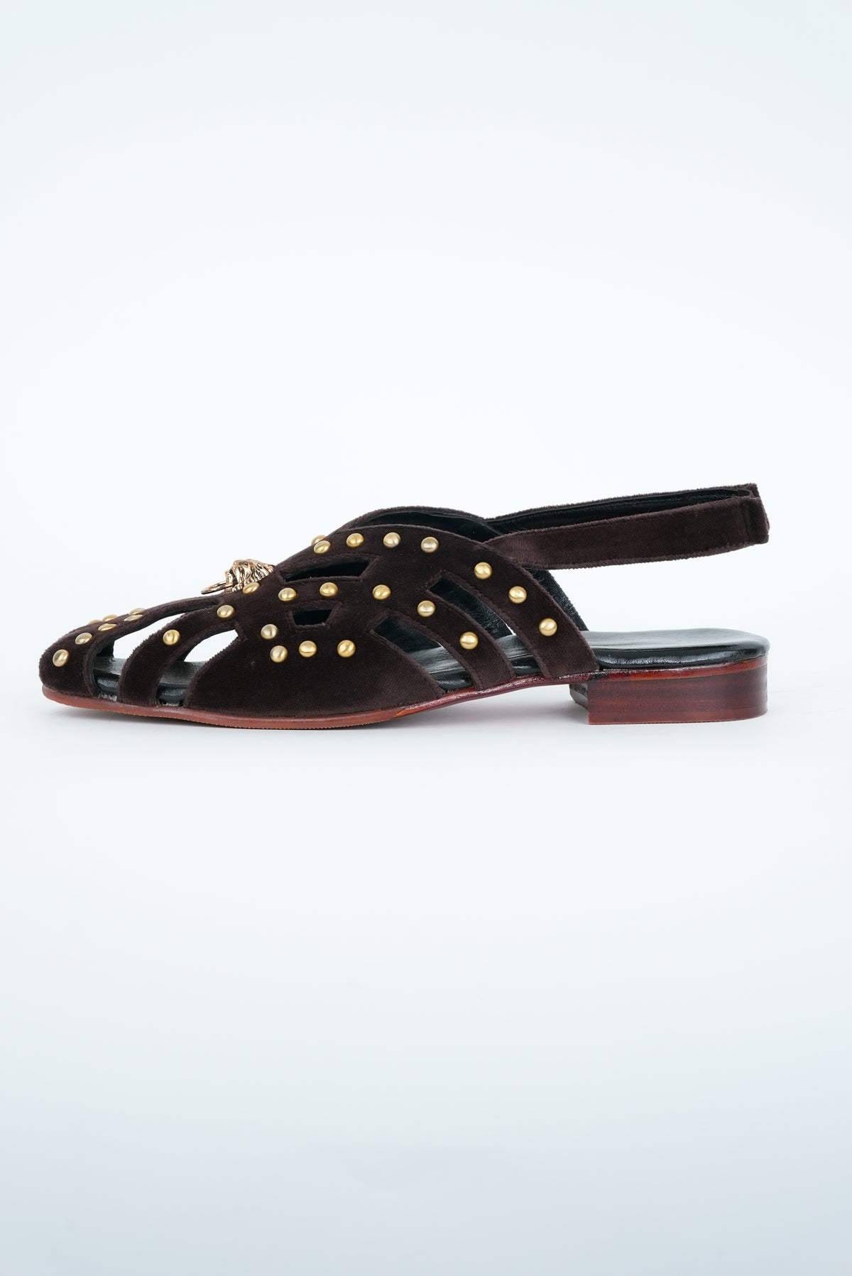 CLASSIC BROWN STRIPE WITH GOLD  PINS AND LION STUD  CUT SANDALS