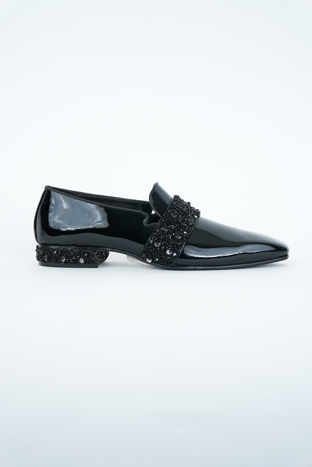 EVENING GLOSSY BLACK  WITH BLACK  EMBRIODERY STRAP SQUARE POINTED TOE  LOAFER TUXEDOS