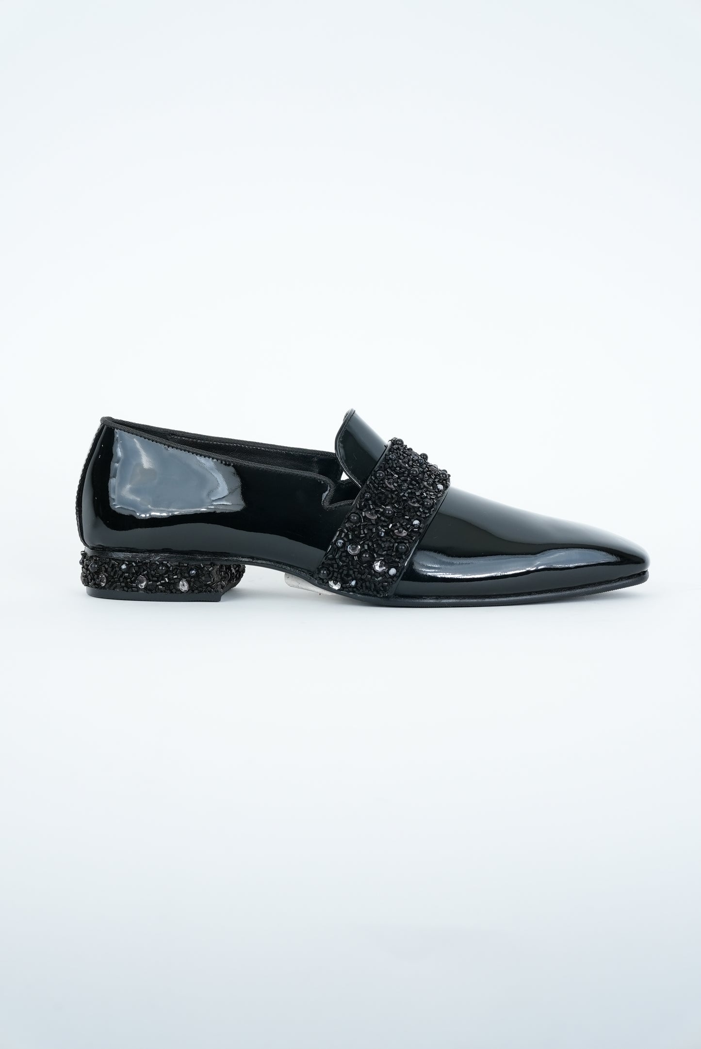 EVENING GLOSSY BLACK  WITH BLACK  EMBRIODERY STRAP SQUARE POINTED TOE  LOAFER TUXEDOS