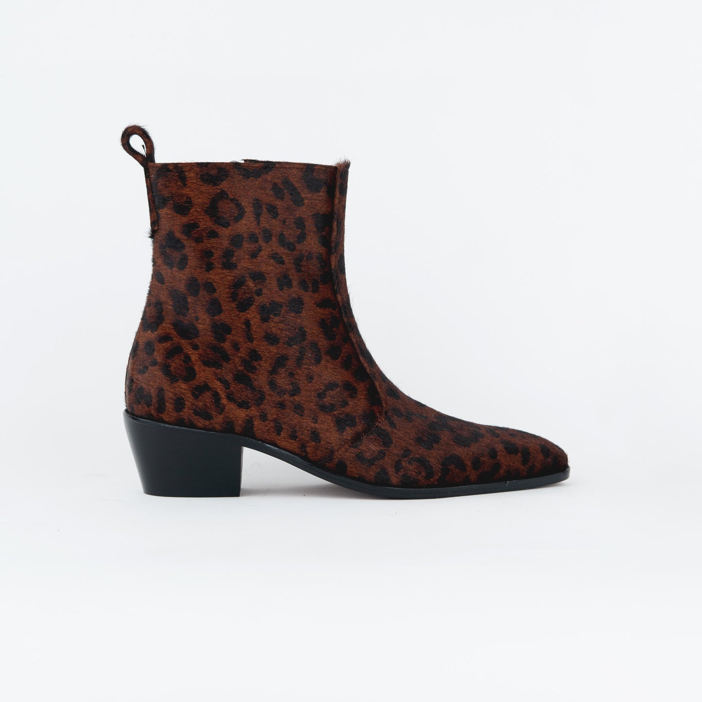 CHEETAH HAIR ON BOOTS WITH A SQUARE POINTED TOE AND TRAPEZOID HEEL