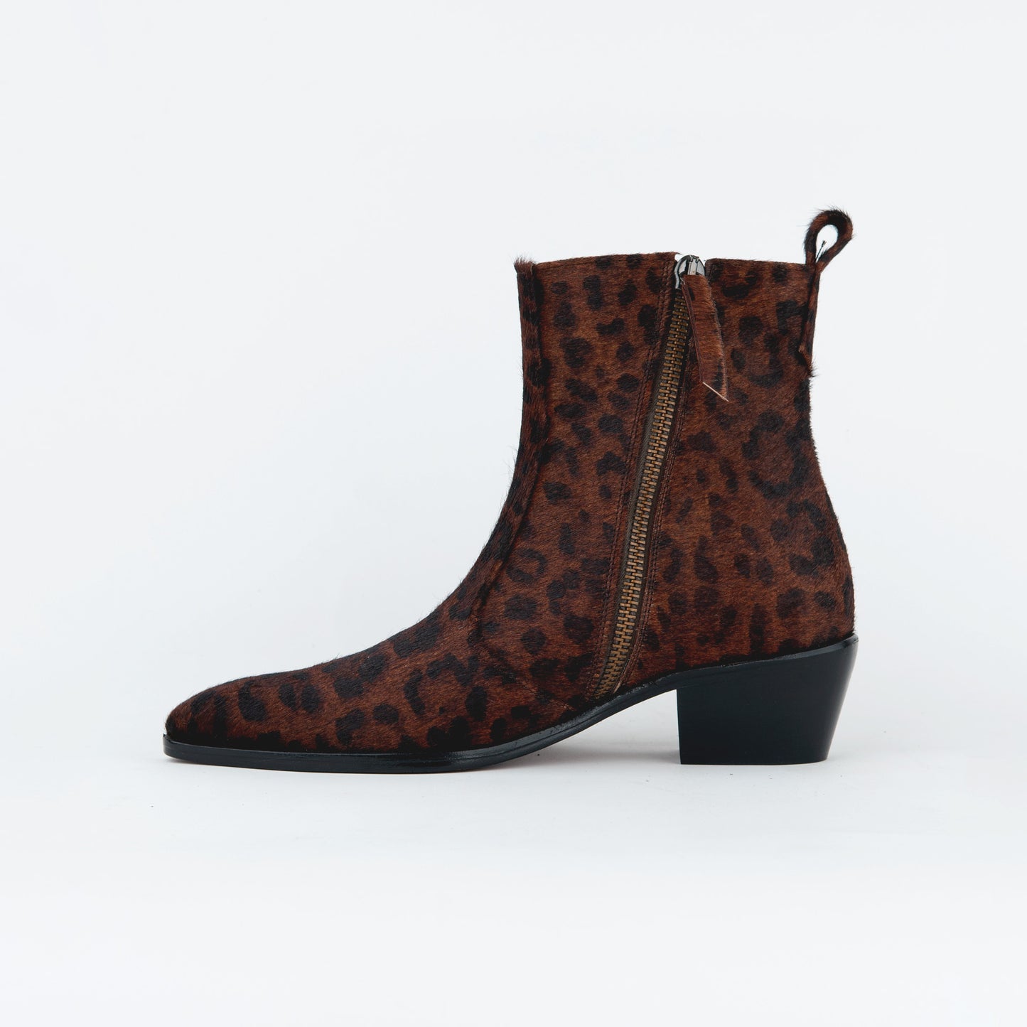 CHEETAH HAIR ON BOOTS WITH A SQUARE POINTED TOE AND TRAPEZOID HEEL