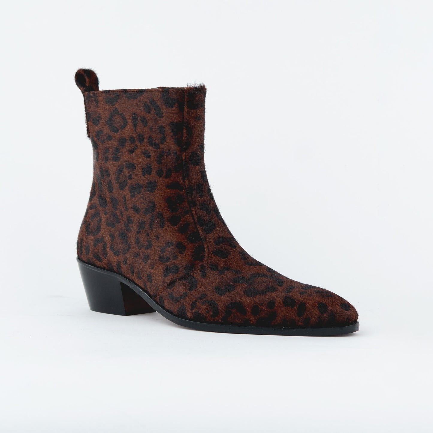 CHEETAH HAIR ON BOOTS WITH A SQUARE POINTED TOE AND TRAPEZOID HEEL