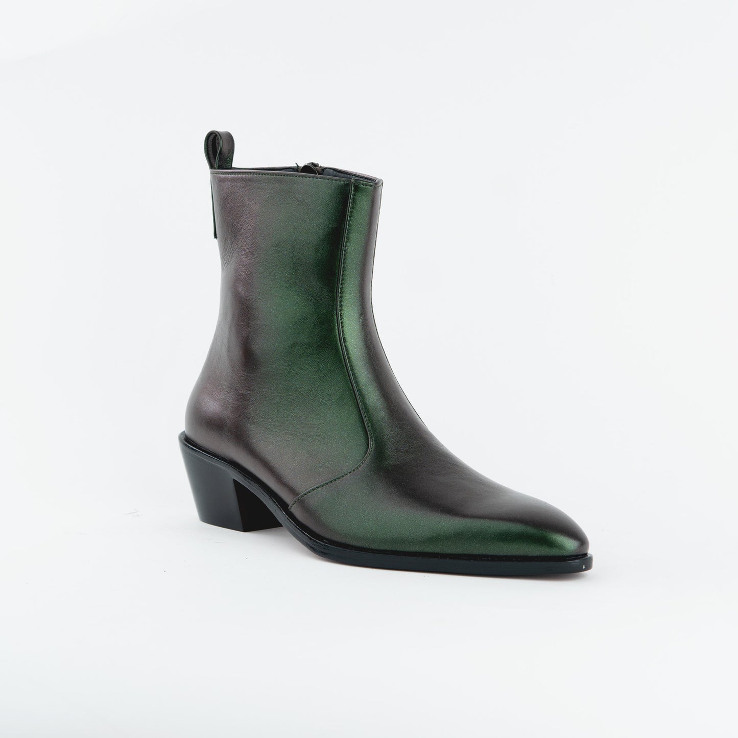 METALLIC GREEN BOOTS WITH A SQUARE POINTED TOE AND TRAPEZOID HEEL