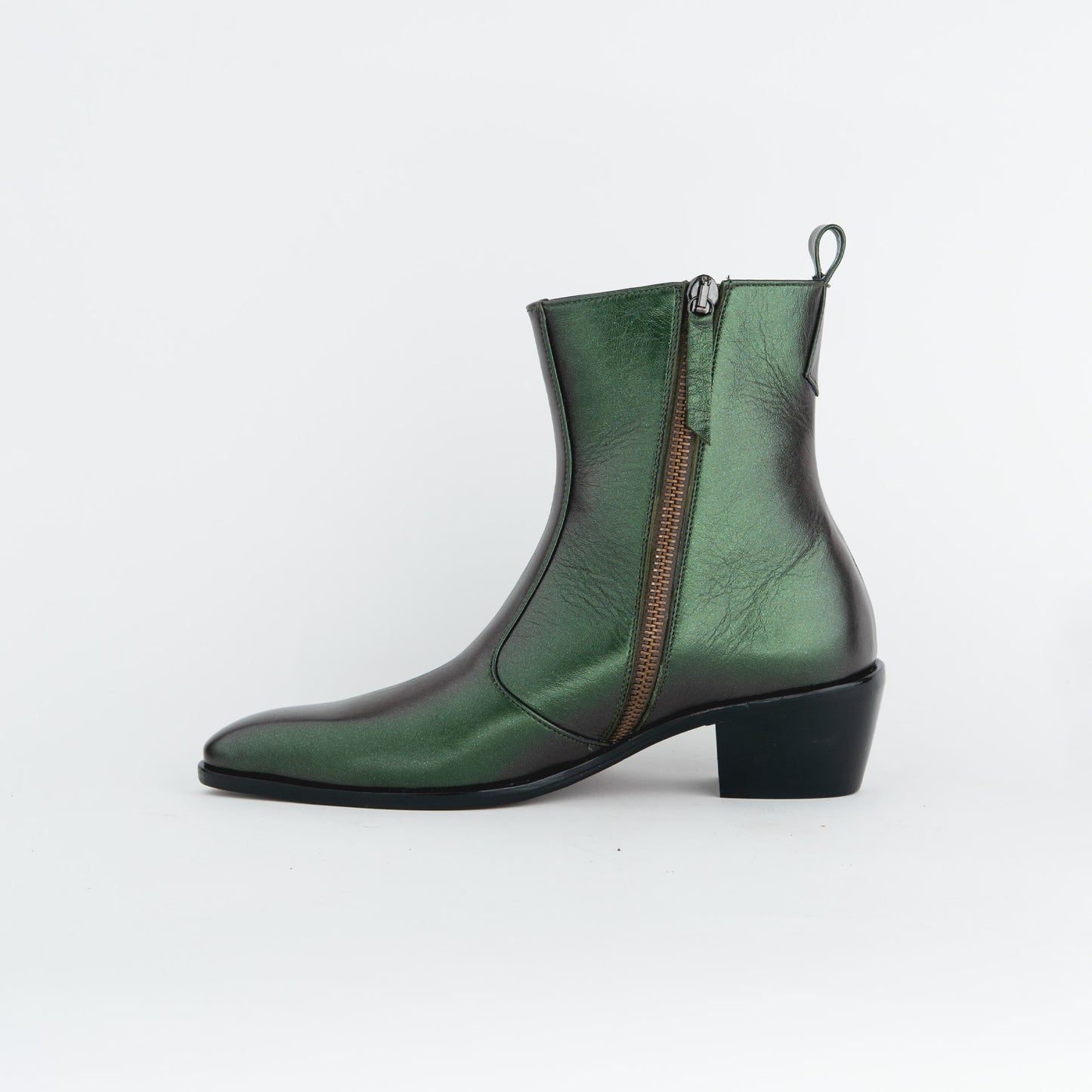 METALLIC GREEN BOOTS WITH A SQUARE POINTED TOE AND TRAPEZOID HEEL