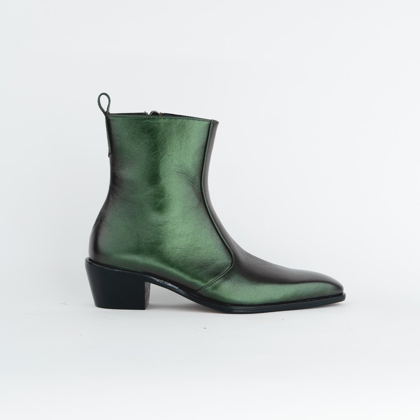 METALLIC GREEN BOOTS WITH A SQUARE POINTED TOE AND TRAPEZOID HEEL