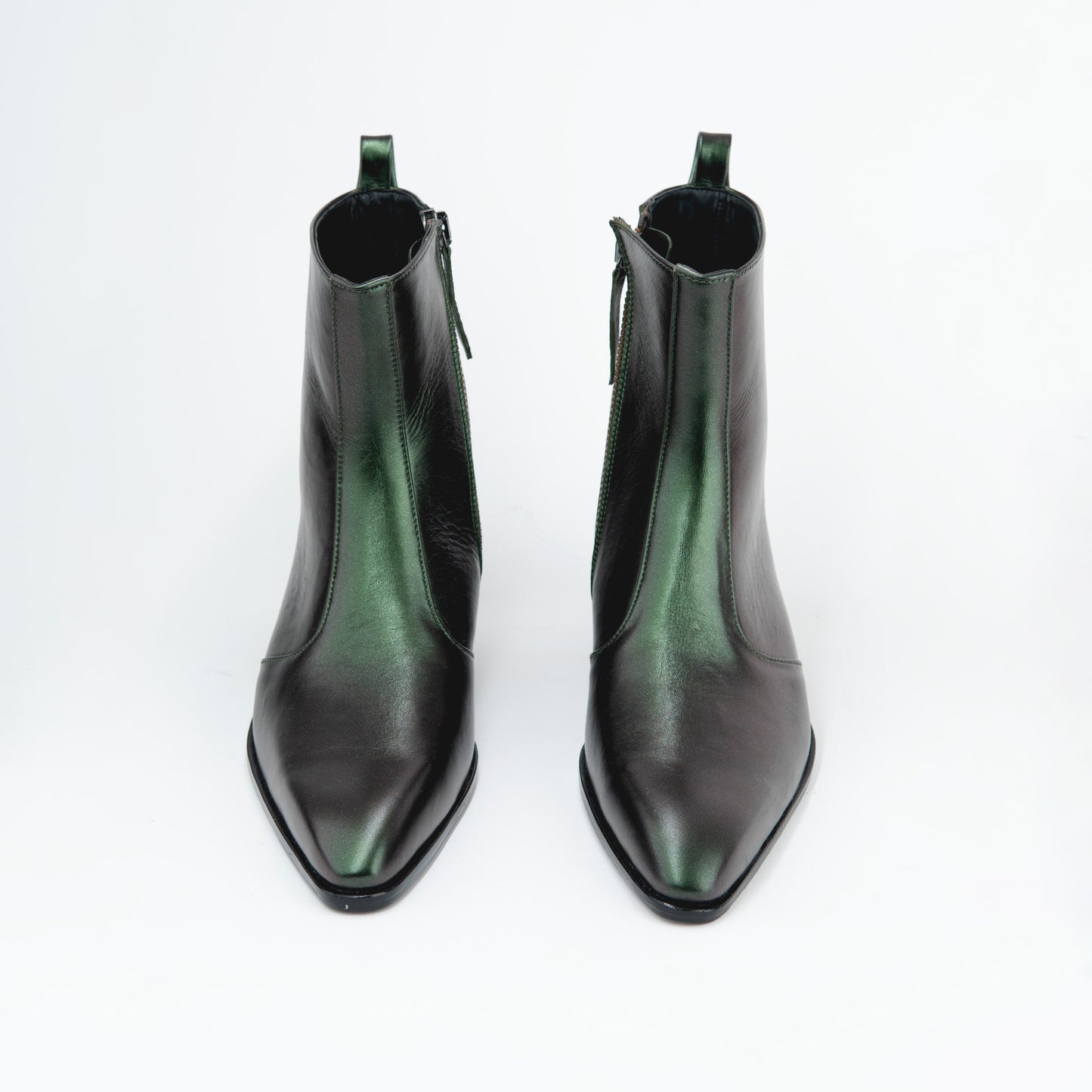 METALLIC GREEN BOOTS WITH A SQUARE POINTED TOE AND TRAPEZOID HEEL