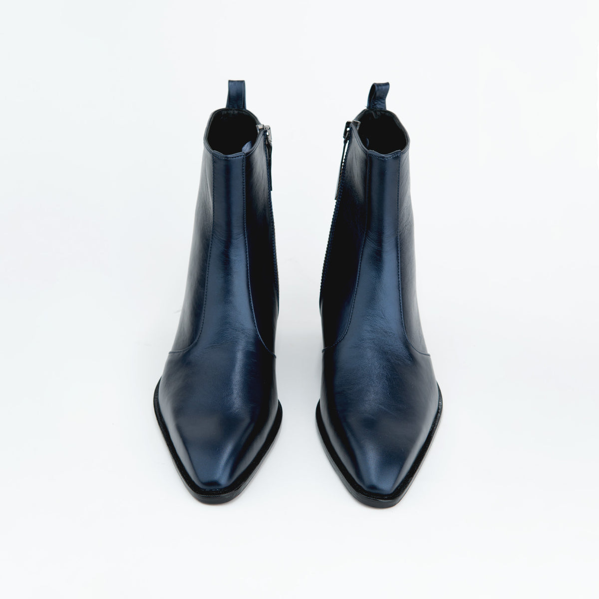METALLIC BLUE BOOTS WITH A SQUARE POINTED TOE AND TRAPEZOID HEEL