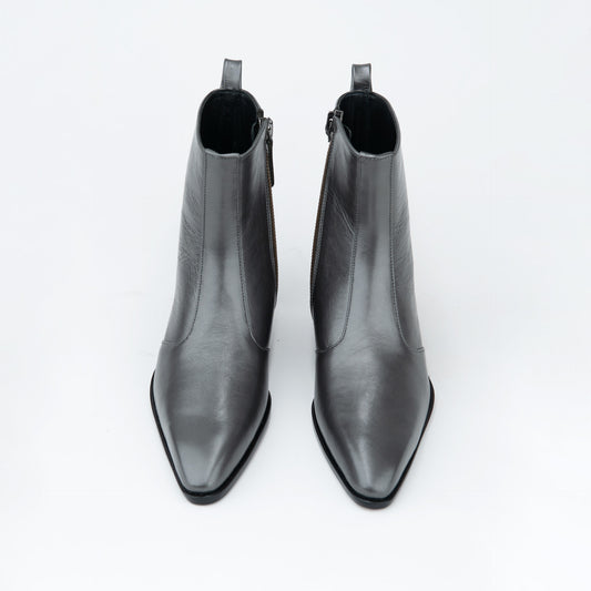 METALLIC GREY BOOTS WITH A SQUARE POINTED TOE AND TRAPEZOID HEEL