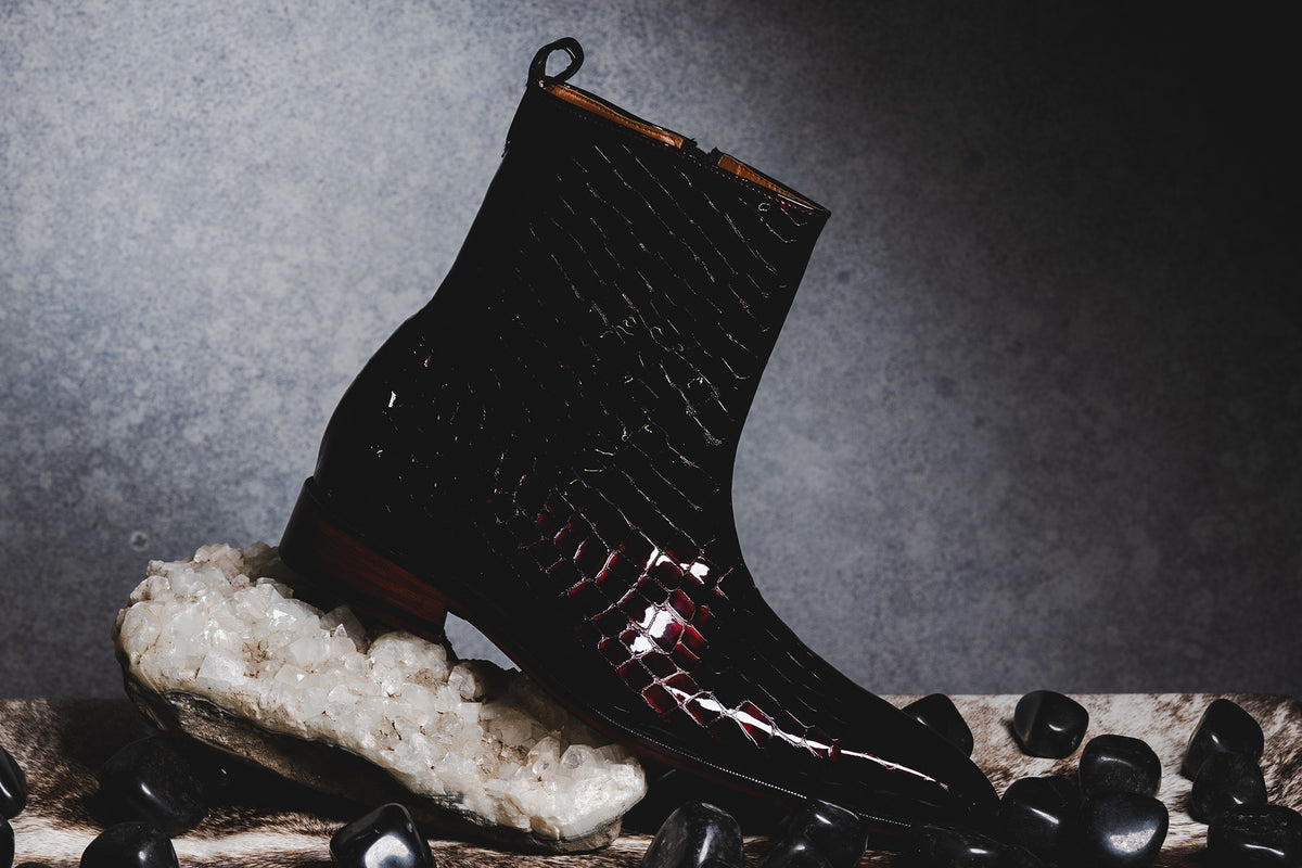 Burgundy Patent Croc Boots