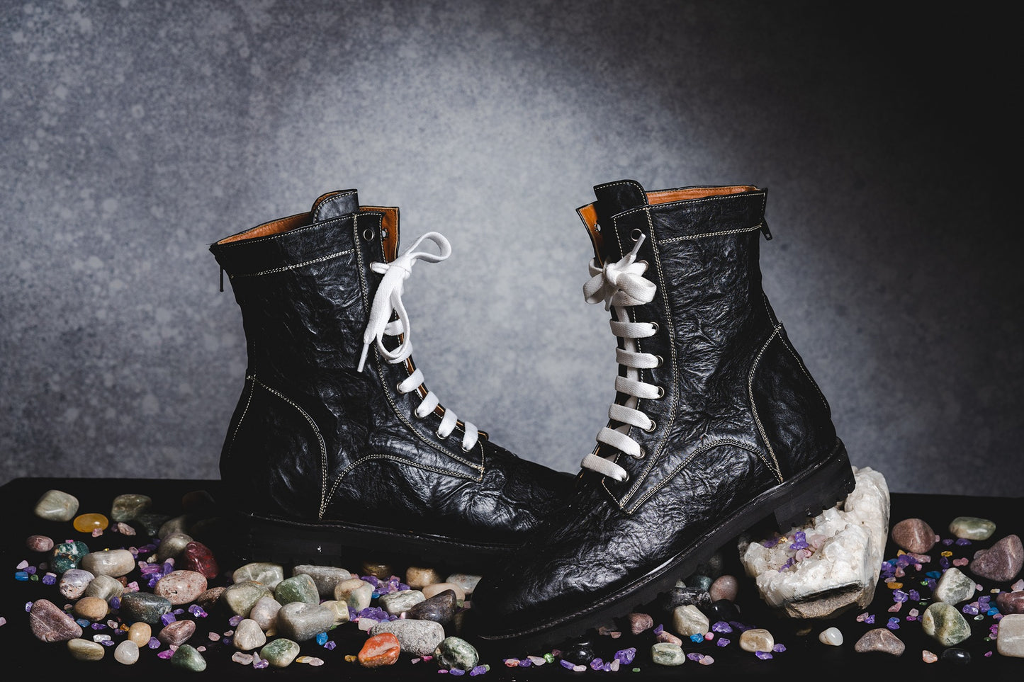 Black Tall Crinkle Boots - White Lacing