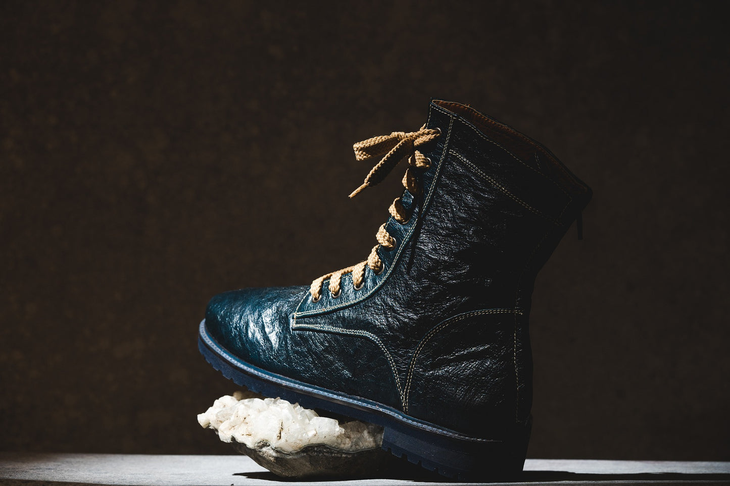 Teal Crinkle Boots with Beige Lacing